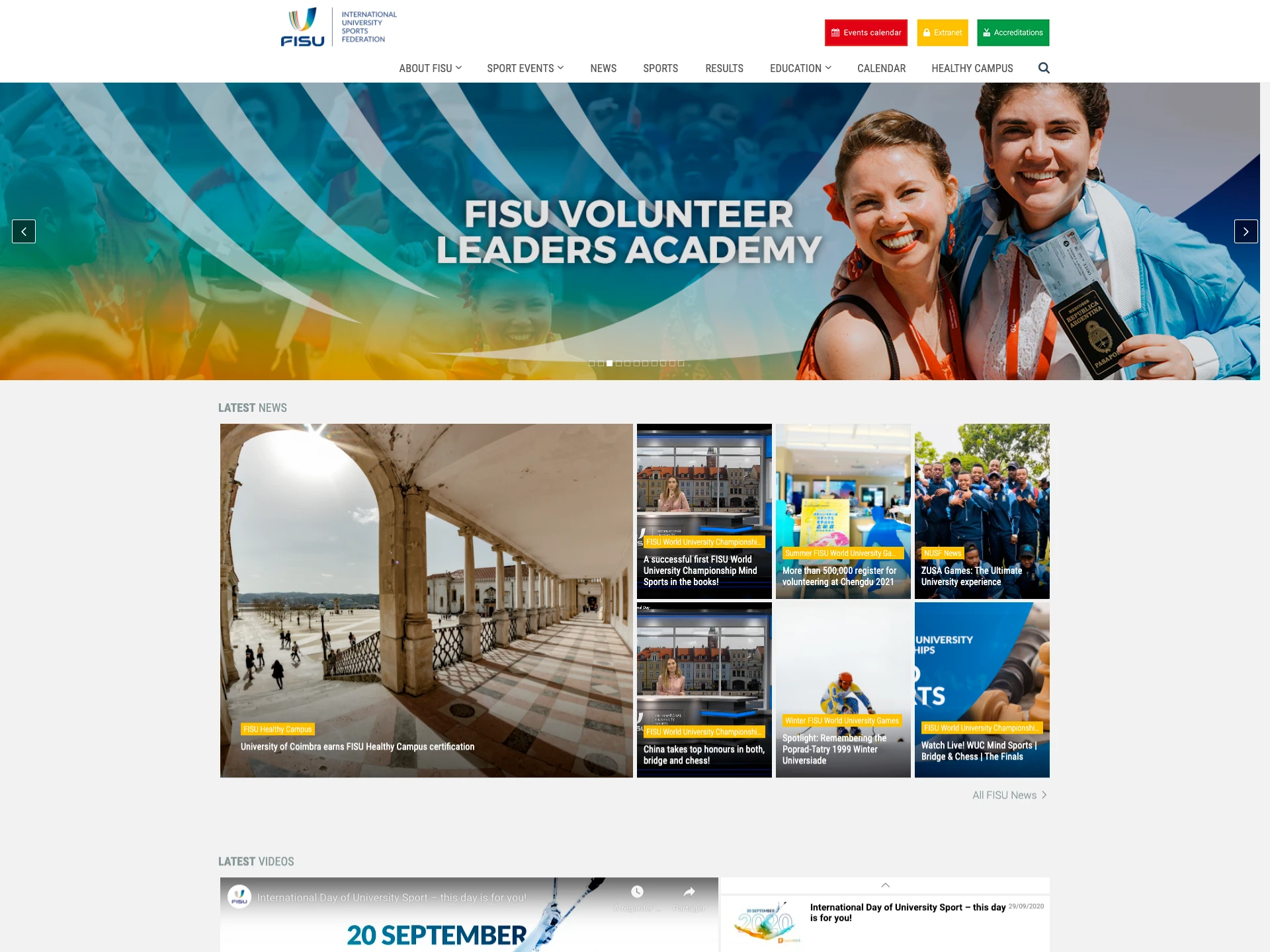 Page d’accueil du site web de la FISU