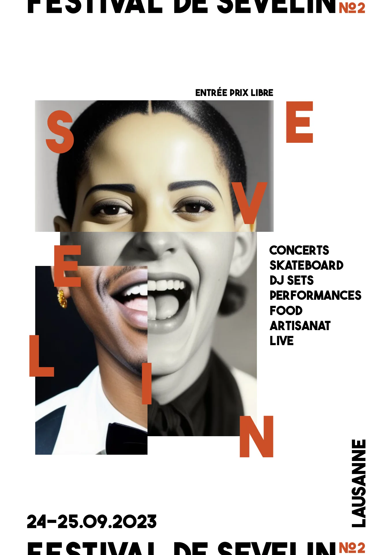 Affiche TempoR(é)alité : portrait découpé d’une femme souriante, entre passé et présent