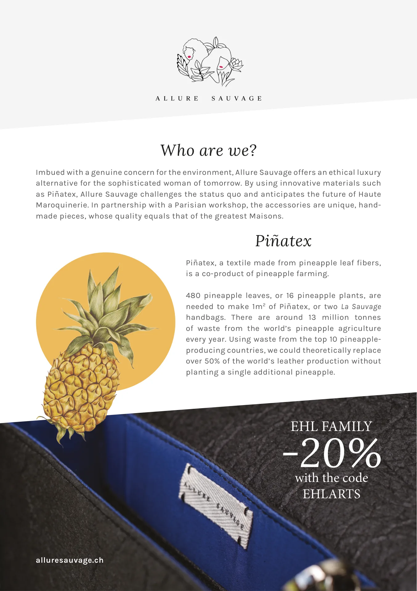 Flyer A5 Allure Sauvage, verso : présentation de la marque et du Piñatex