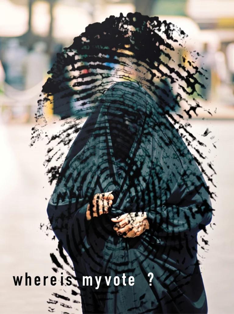Affiche « Where is my vote ? » avec une empreinte digitale sur une femme voilée, thème Voices in Freedom